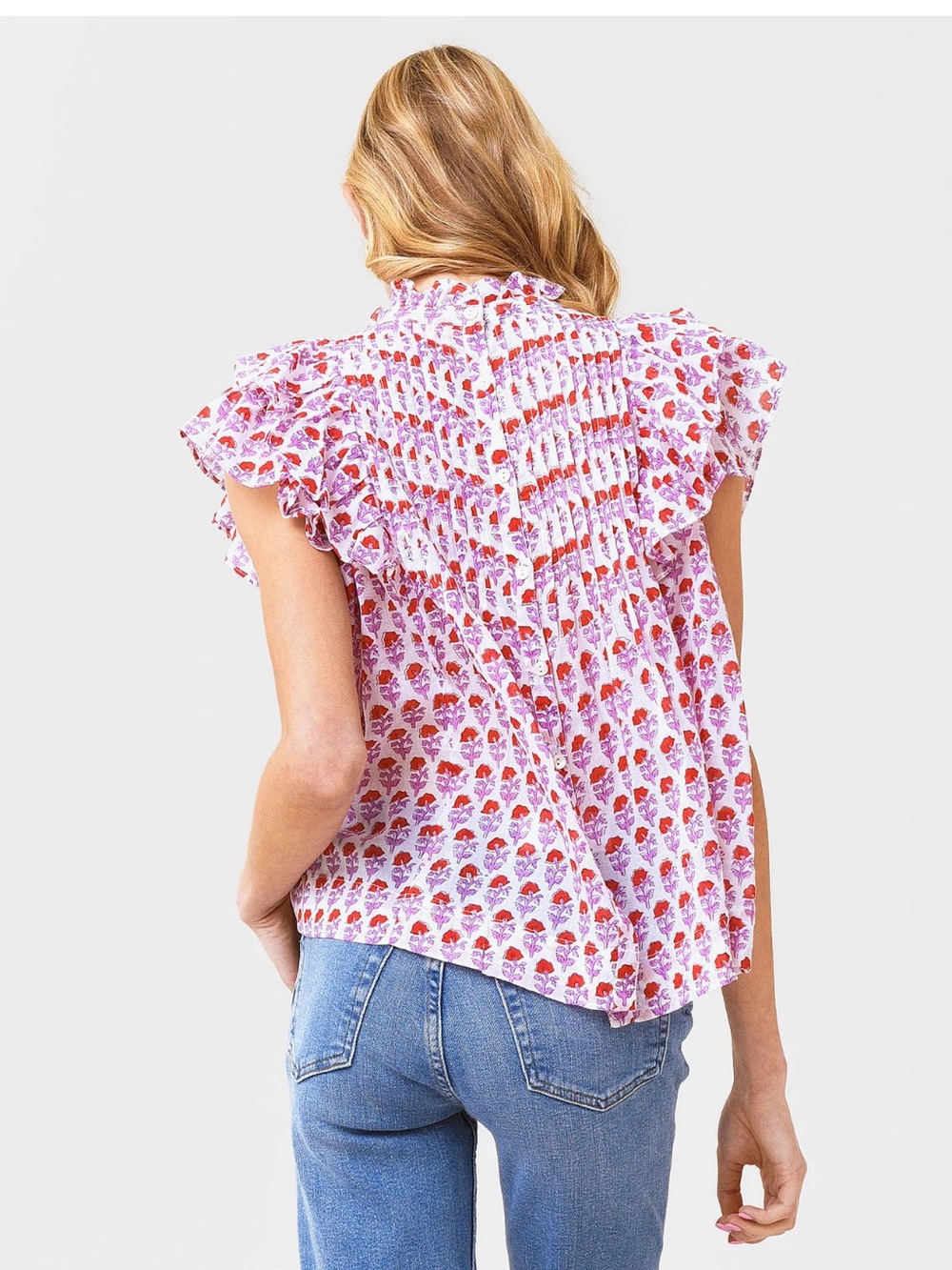 Oliphant Pink & Red Floral Smocked Flutter Sleeve Blouse - Picture 2 of 3